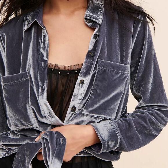 pilcro anthropologie hadley purple relaxed velvet buttondown shirt blouse - Picture 5 of 10